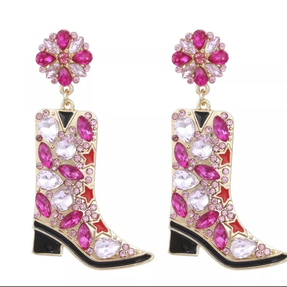 Pink cowboy boot earrings/Crystal, cowboy boot earrings